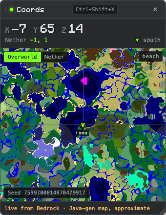 The Coords overlay: position, Nether coords, biome, facing and a live seed map