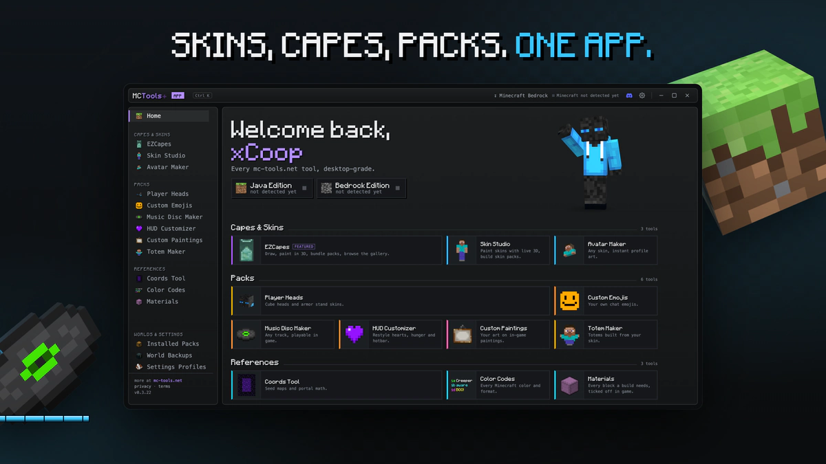 Skins, capes, packs. One app.